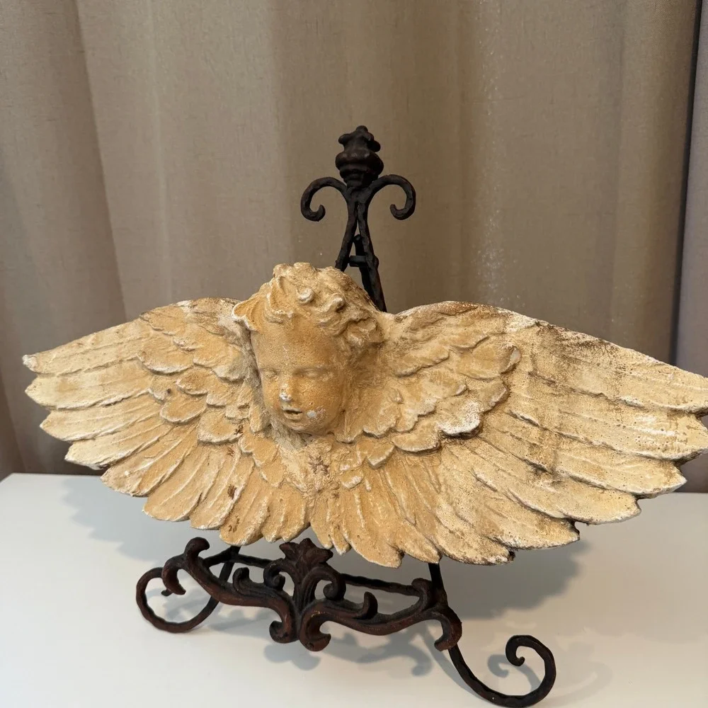 Vintage Cherub Angel‎ Wings Wall Decor Plaque Distressed Architectural Sculpture